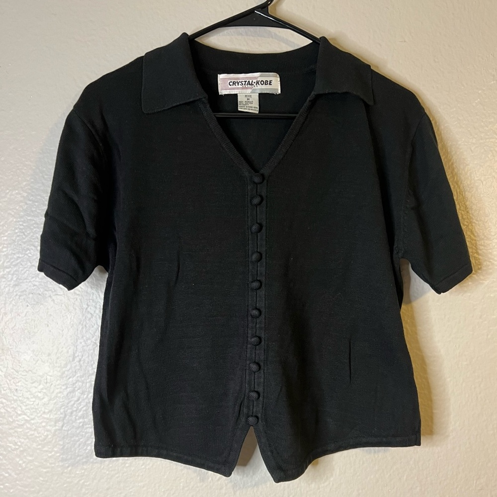 Vintage Crystal Kobe Petites collared button front short sleeve blouse M